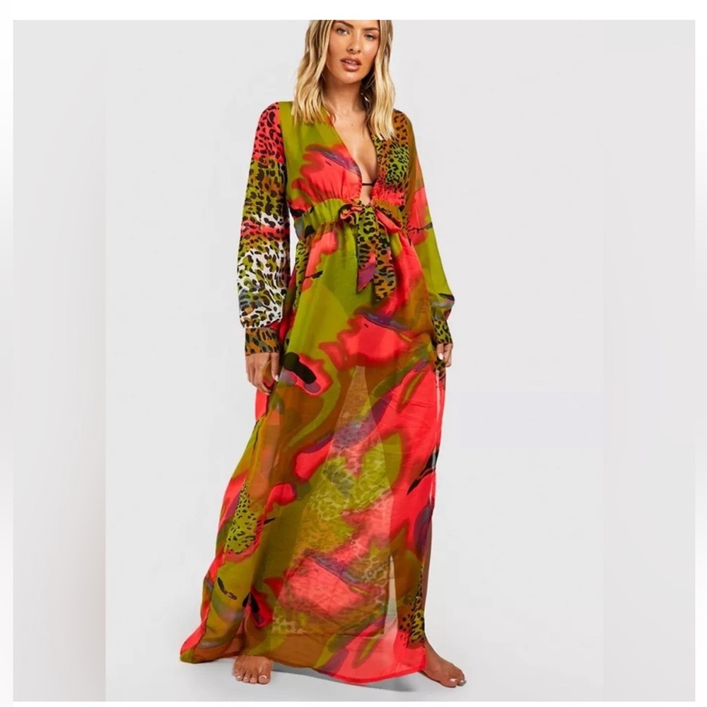 NWT BOOHOO NEON TIE DYE ANIMAL MAXI BEACH KAFTAN